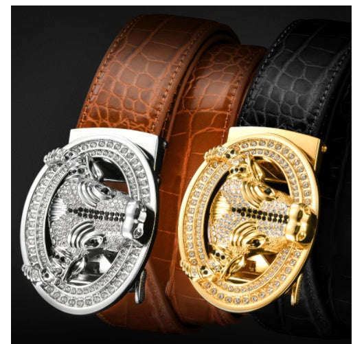 Automatic Buckle  Leather With Diamond-studded  Pattern Bull Head Belt