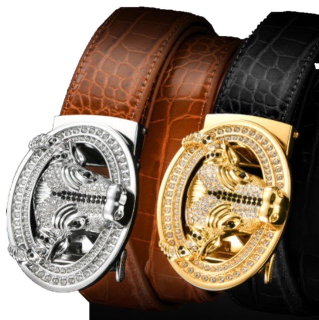 Automatic Buckle  Leather With Diamond-studded  Pattern Bull Head Belt