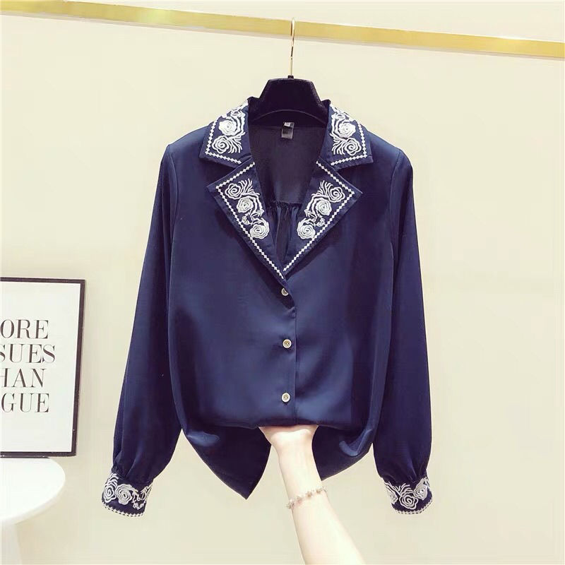 Ladies Western Embroidery Chiffon Long-sleeved Shirt