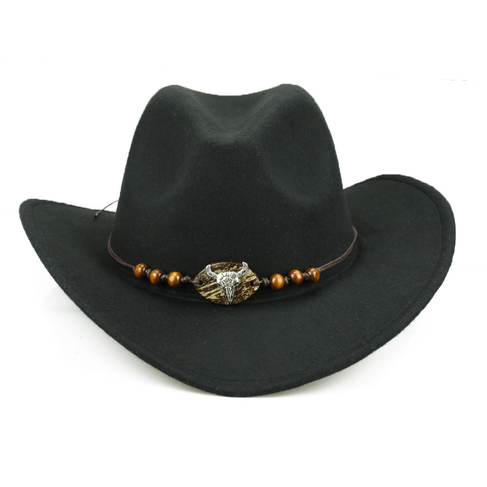 Western Cowboy Hat Wooden Bead Bull Head Fedora Hat